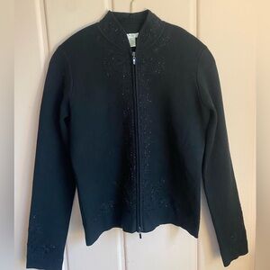 Cache Silk Black Beaded Women's Zip Sweater